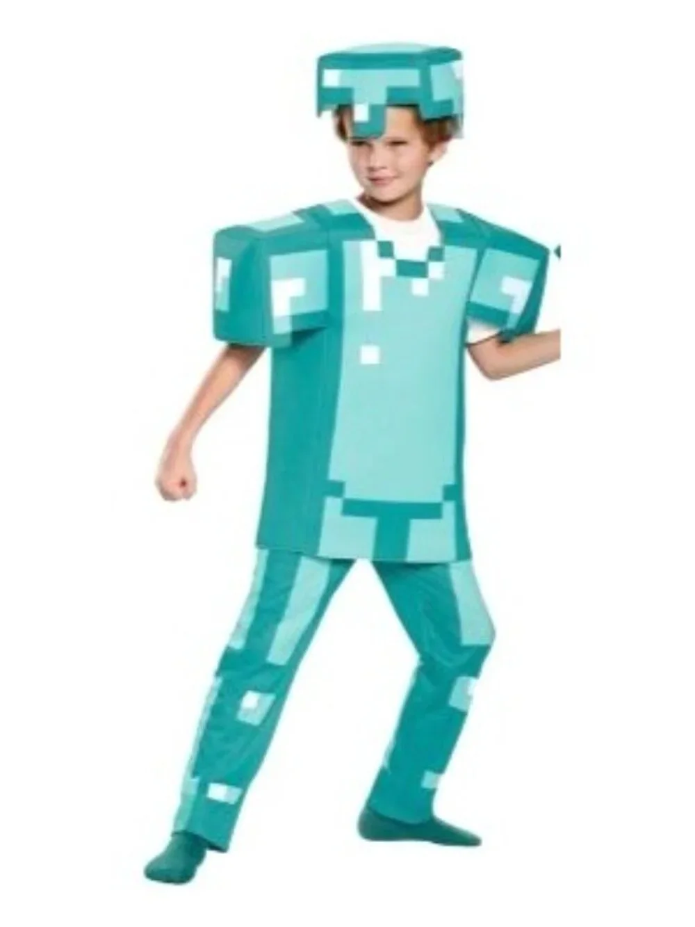 Minecraft Diamond Armor Costume Kids 7-8 Steve Alex Pixel Padded 3D Tunic Hat - Picture 2 of 4